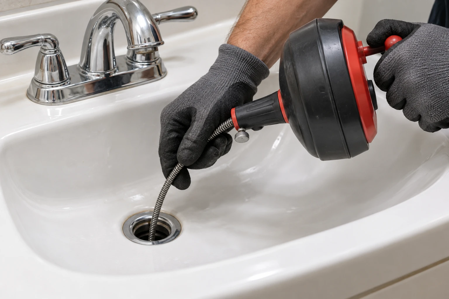 Gloved hands using a drain snake to clear a sink drain